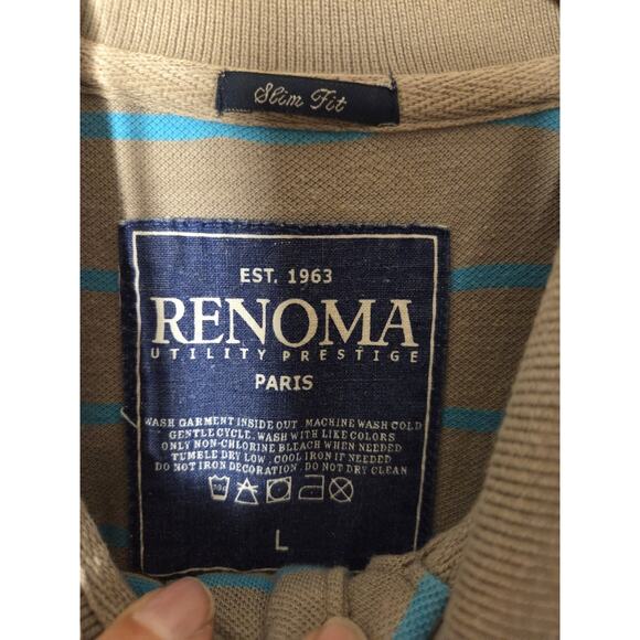 Renoma Mens Polo UPR 63 Striped Short Sleeve Slim Fit Tan Blue Paris Size L - Picture 2 of 7